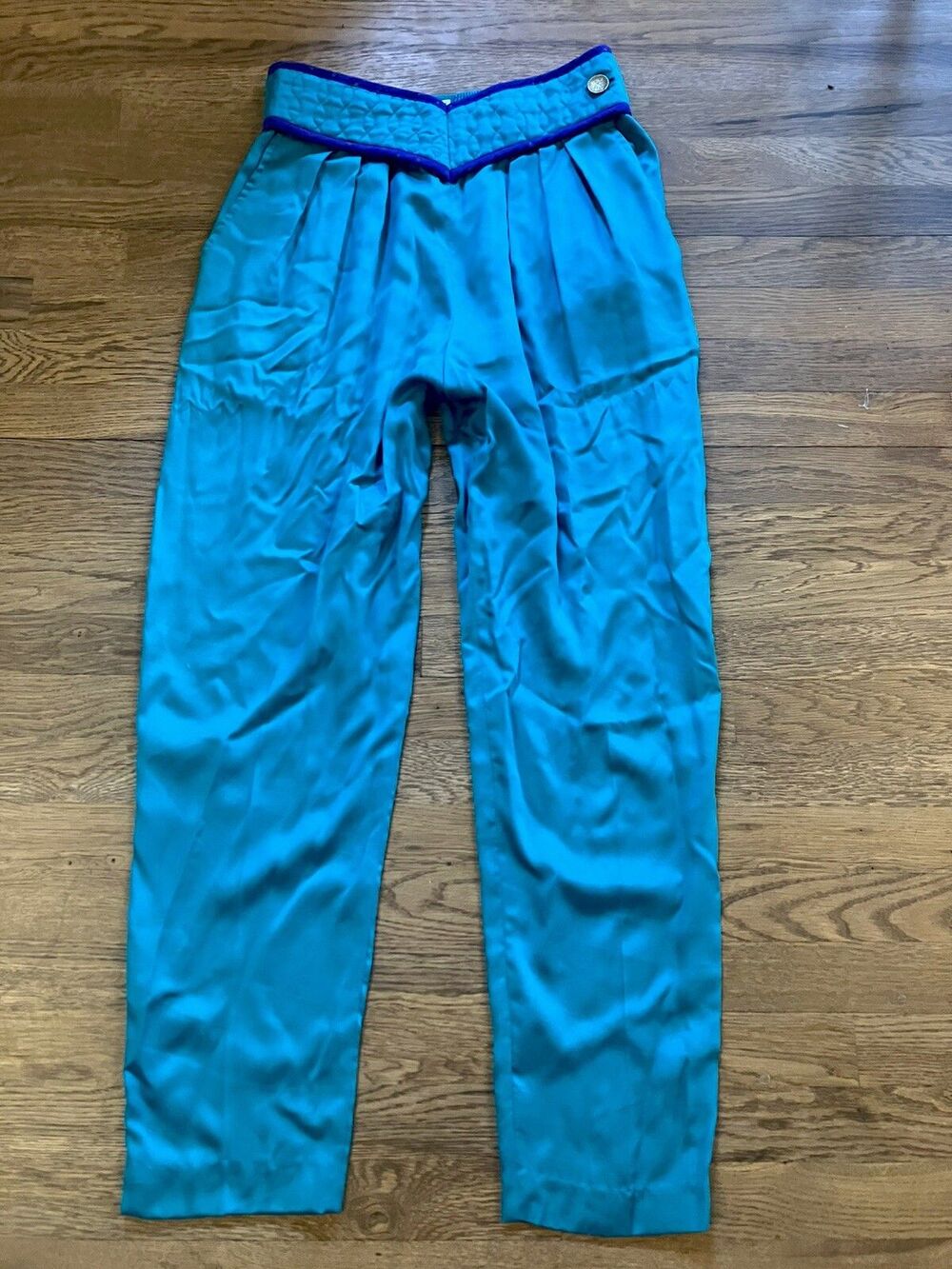 Vintage Jeanne Marc Teal Purpl Asian Quilted High waist Harem Pants Hammer 80s 8